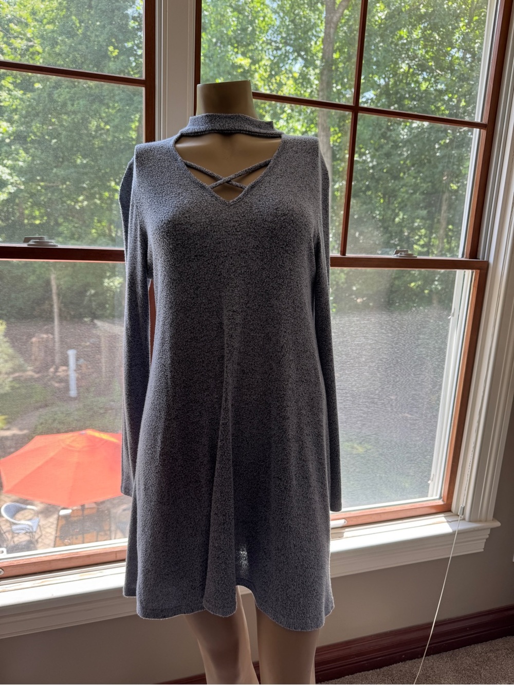 Moa Moa Heather Gray Long-Sleeve V-Neck Sweater Dress with Choker Detail
